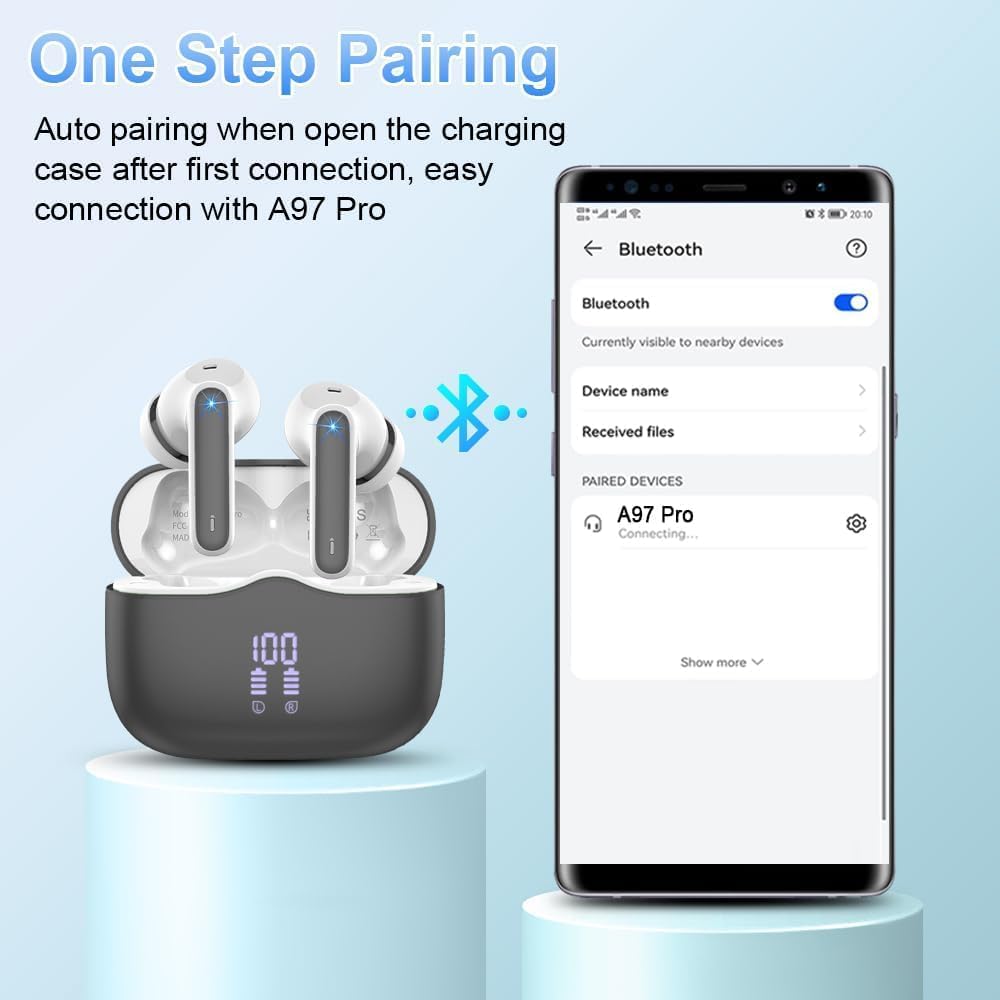 Wireless Earbuds, Bluetooth 5.3 Headphones in Ear with HiFi Stereo Deep Bass, 4 ENC Noise Cancelling Mic Wireless Earphones 40H Playtime, Bluetooth Earbuds Dual LED Display, IP7 Waterproof, Grey