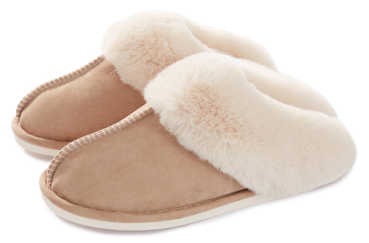 Womens Slipper Memory Foam Fluffy Slip-on House Suede Fur Lined/Anti-Skid Sole, Indoor & Outdoor