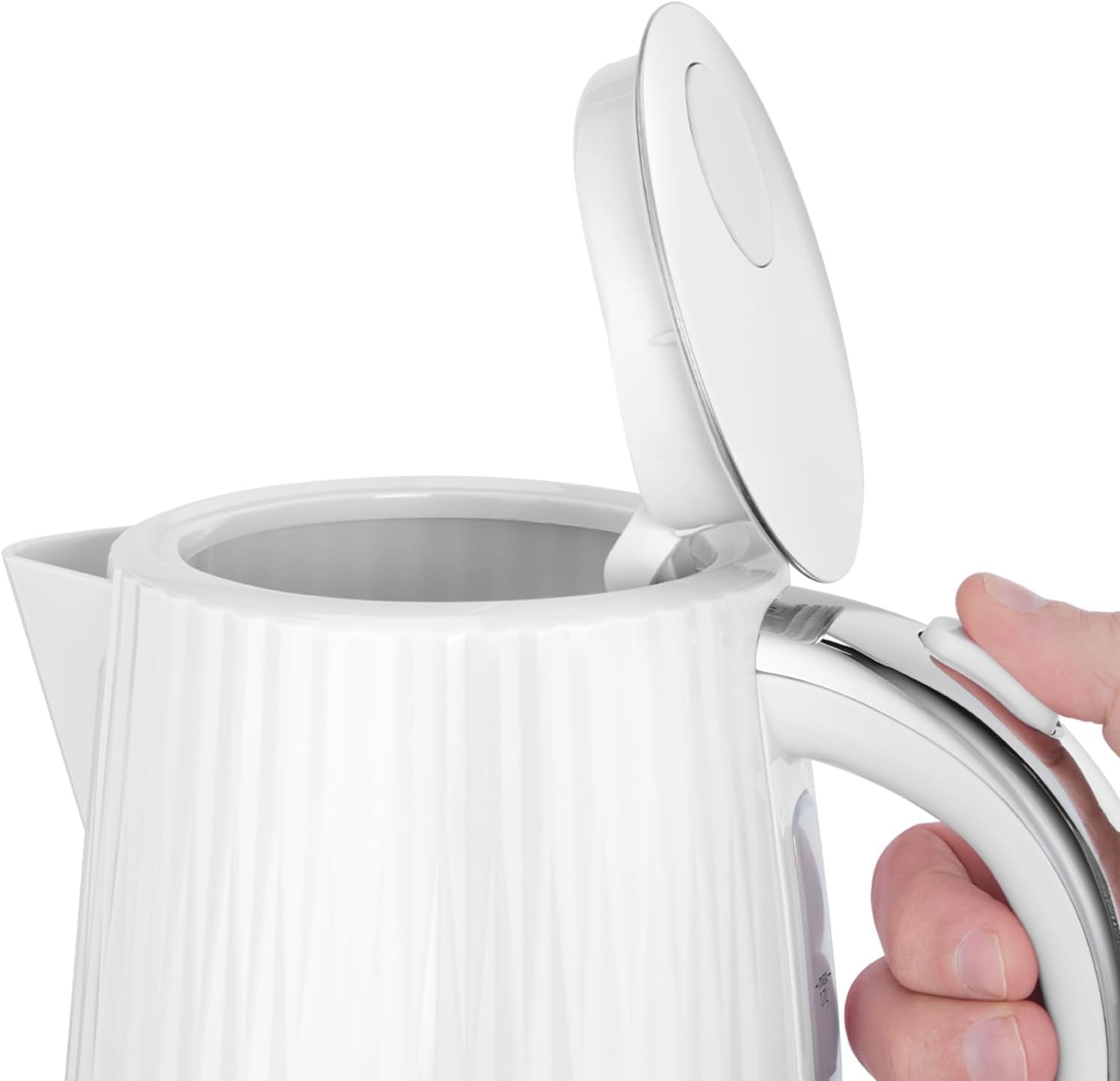 Russell Hobbs Electric Kettle (Hot Water, Tea or Coffee, 1.7L, Push to open lid, Perfect pour spout, Removable washable filter, Illuminated switch, Chrome accents, White, 3000W) Eden 27360