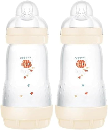 MAM Easy Start Anti-Colic Baby Bottles | 3 Pack (3 x 260) | Self-Sterlising Baby Milk Bottle | Medium Flow MAM Teats Size 2 | Newborn Essentials | Blue (Various Designs)