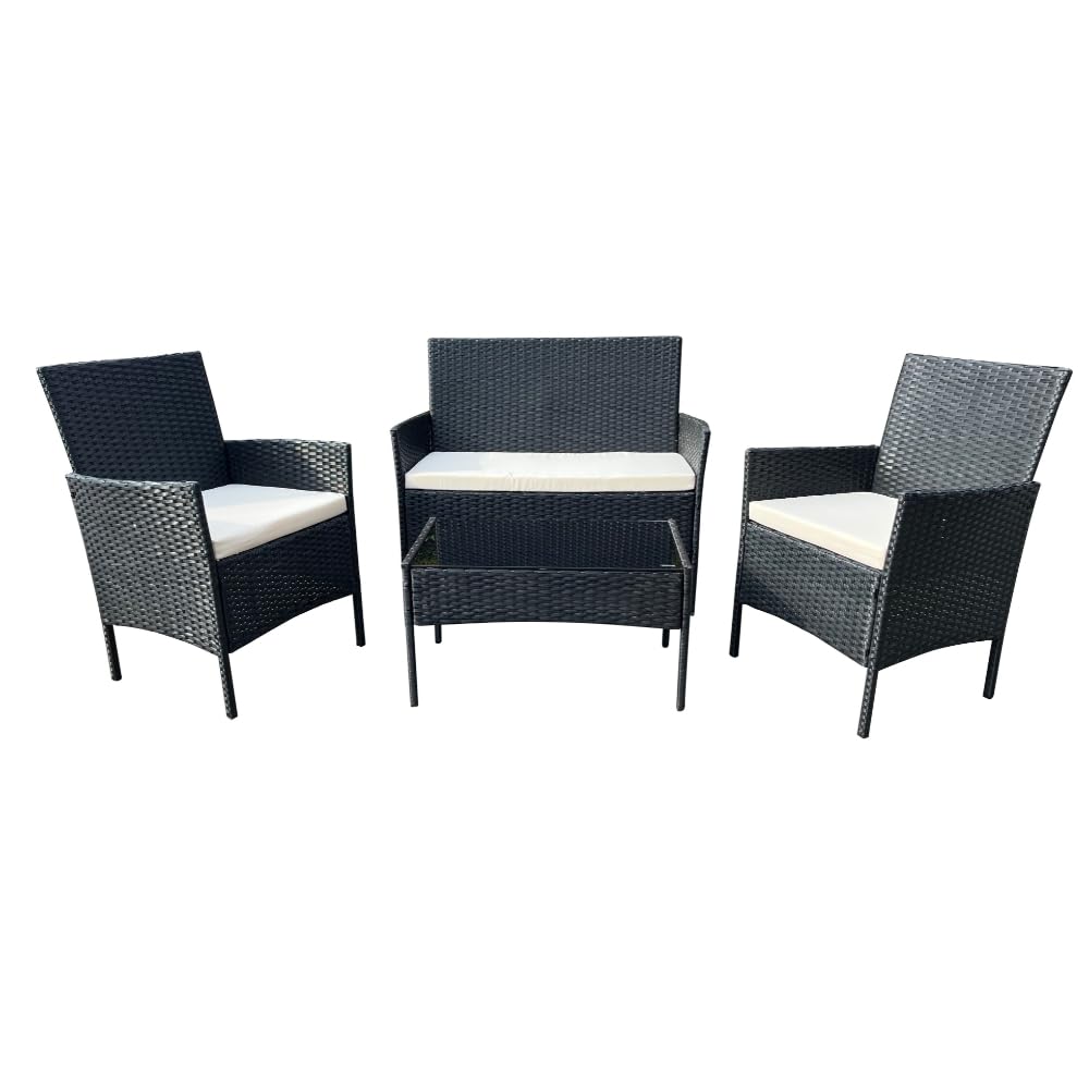 Grey Rattan Garden Furniture Set Patio Conservatory Balcony Indoor Outdoor 4 Seater Piece Glass Top Coffee Table Modular Sofa Loveseat with Cushions