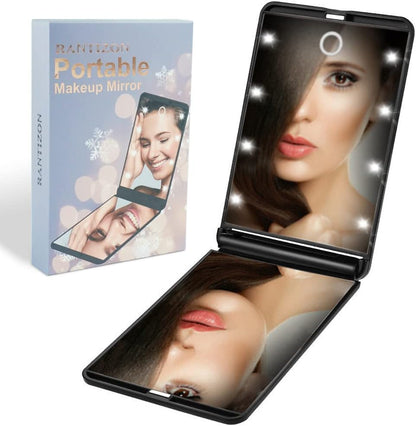 Victoper Rantizon Portable Makeup Mirror Dimmable 8 LEDs Lighted Mirror 1X & 2X Magnification Cosmetic Illuminated Handbag Mirror Foldable Double Facettes Pocket Mirror Compact Mirror…