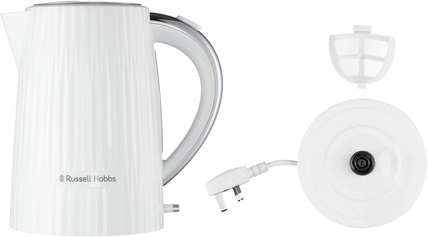 Russell Hobbs Electric Kettle (Hot Water, Tea or Coffee, 1.7L, Push to open lid, Perfect pour spout, Removable washable filter, Illuminated switch, Chrome accents, White, 3000W) Eden 27360