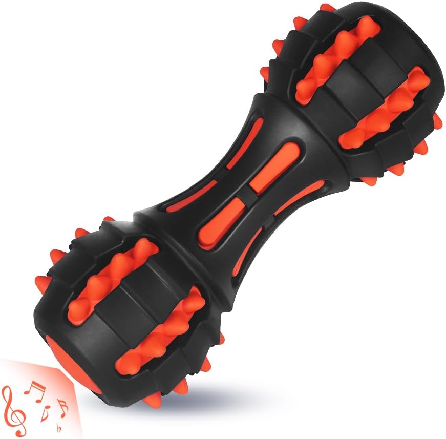 TUGME Dog Squeaky Toys For Aggressive Chewers Almost Indestructible Squeaky Toys For Dogs Teething Chew Toys For Medium Large Breed Durable Rubber Dog Toy Dumbbell Shape