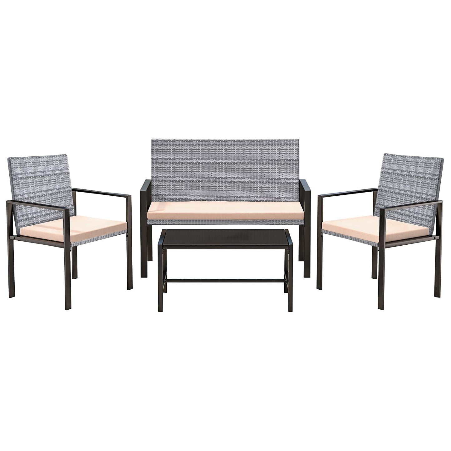 bigzzia Rattan Garden Furniture Set, 4 piece Patio Rattan furniture sofa Weaving Wicker includes 2 Armchairs,1 Double seat Sofa and 1 table (Black)