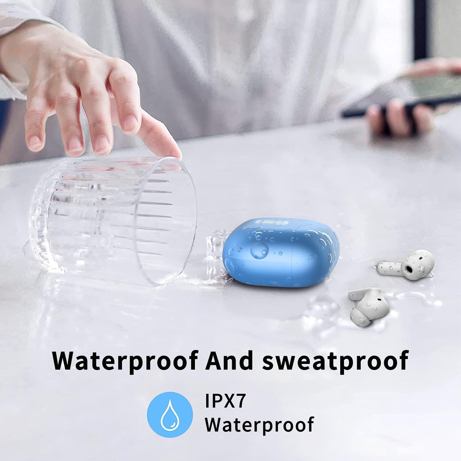 Wireless Earbuds, Bluetooth 5.3 Headphones in Ear with HiFi Stereo Deep Bass, 4 ENC Noise Cancelling Mic Wireless Earphones 40H Playtime, Bluetooth Earbuds Dual LED Display, IP7 Waterproof, Lake Blue