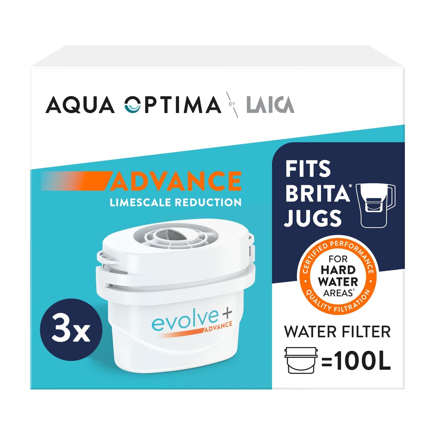 Aqua Optima Evolve+ Water Filter Cartridges, 3 Pack - Fits Brita Jugs & Alternative for Maxtra Filters - Reduces Limescale, Chlorine and Other Impurities - By Laica (Packaging May Vary)
