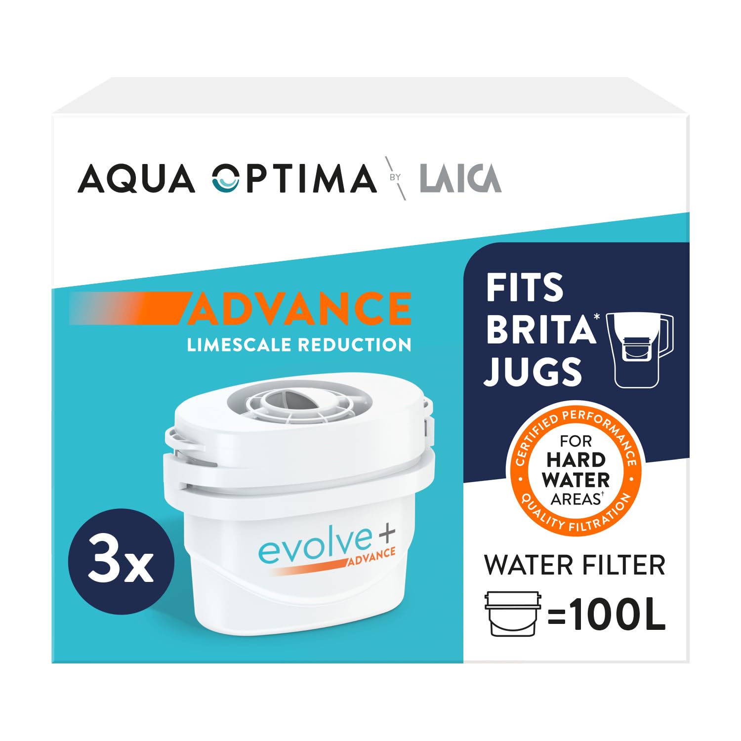 Aqua Optima Evolve+ Water Filter Cartridges, 3 Pack - Fits Brita Jugs & Alternative for Maxtra Filters - Reduces Limescale, Chlorine and Other Impurities - By Laica (Packaging May Vary)