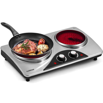 Double Hot Plate, CUSIMAX Electric Hot Plate for Cooking Portable Electric Hob, Cooktop Table Top Hob with 2 Cast Iron Rings Double Burner with Dual Temperature Control Stainless Steel