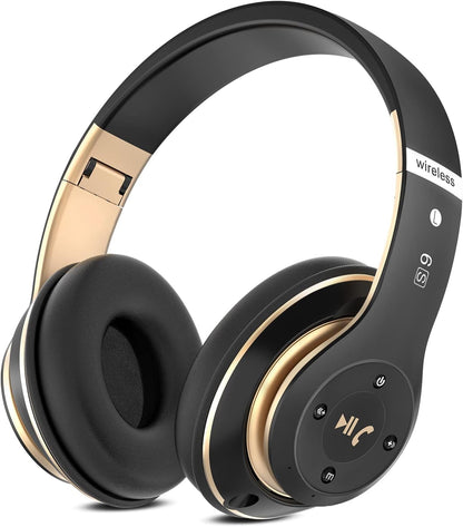 Bluetooth Headphones Over Ear, 6 EQ Modes Wireless Headphones Over Ear,65 Hours Playtime Foldable Lightweight Wireless Headphones,with Built-in HD Mic, FM, SD/TF for PC/Home（Black & Gold）