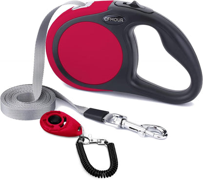 CFMOUR Retractable Dog Lead, 5m/20kg Red Heavy-Duty Extendable Dog Leads for Small to Medium Dogs; Strong Nylon Tape Ribbon Leash, One-Button Brake&Lock, Bonus Training Clicker
