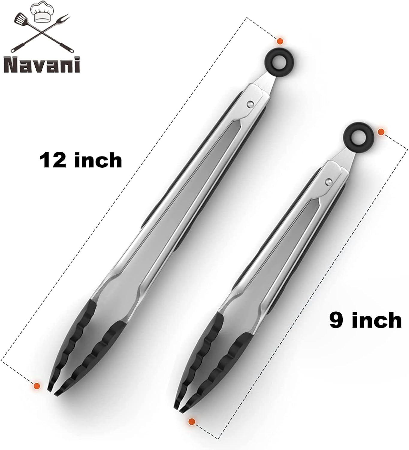 Navani Kitchen Tongs | 9 & 12 Inch Silicone Tip Tongs | Non Stick for Air Fryer & Salad/Pasta, Black 2pcs