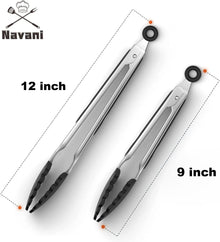 Navani Kitchen Tongs | 9 & 12 Inch Silicone Tip Tongs | Non Stick for Air Fryer & Salad/Pasta, Black 2pcs