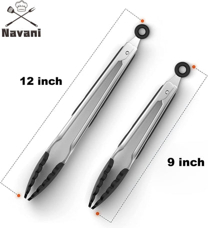 Navani Kitchen Tongs | 9 & 12 Inch Silicone Tip Tongs | Non Stick for Air Fryer & Salad/Pasta, Black 2pcs