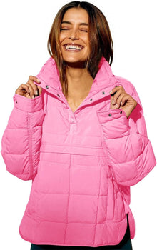 Womens Puffer Pullover Jacket Lightweight Quilted Dolman Hoodies Jackets Quarter Button Full Zip Casual Padded Coats Autumn and Winter Warm Baggy Comfort Outerwear for Hiking Traveling