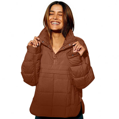 Womens Puffer Pullover Jacket Lightweight Quilted Dolman Hoodies Jackets Quarter Button Full Zip Casual Padded Coats Autumn and Winter Warm Baggy Comfort Outerwear for Hiking Traveling