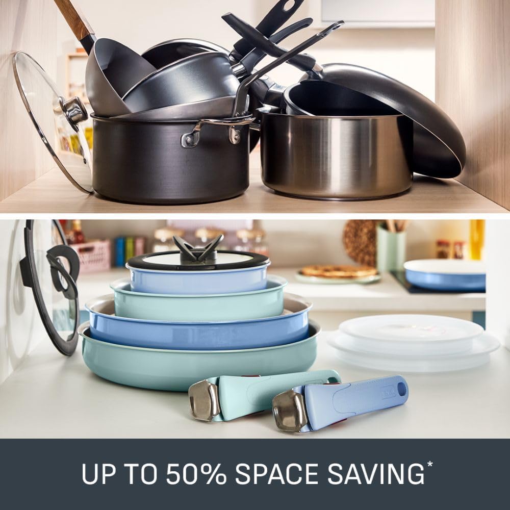 Tefal Ingenio Blue 4-Piece Non-Stick Cookware Set – Induction Frying Pan, Wok, Saucepan, Detachable Handle, Oven Safe, Stackable, Compact RV Kitchen Organiser, L8294S04