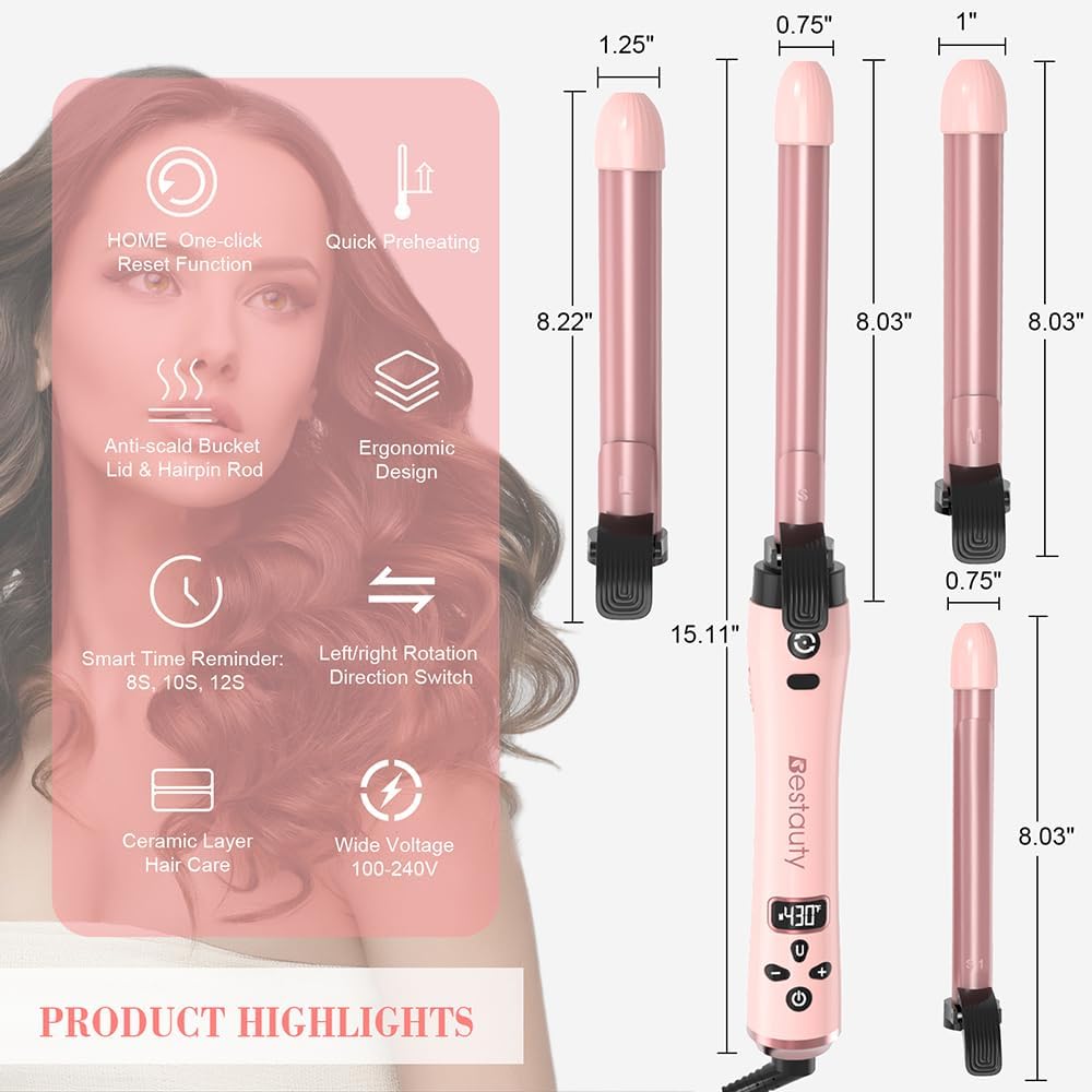 Bestauty Automatic Hair Curler, 4 in 1 Hair Curler with 19-32mm Interchangeable Ceramic Curling Tongs, 360° Rotating 160-220° C Curling Iron, Dual Voltage(Pink)