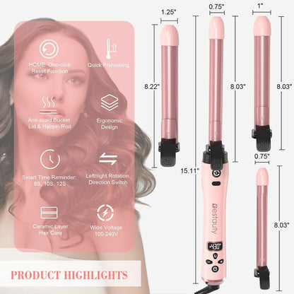 Bestauty Automatic Hair Curler, 4 in 1 Hair Curler with 19-32mm Interchangeable Ceramic Curling Tongs, 360° Rotating 160-220° C Curling Iron, Dual Voltage(Pink)