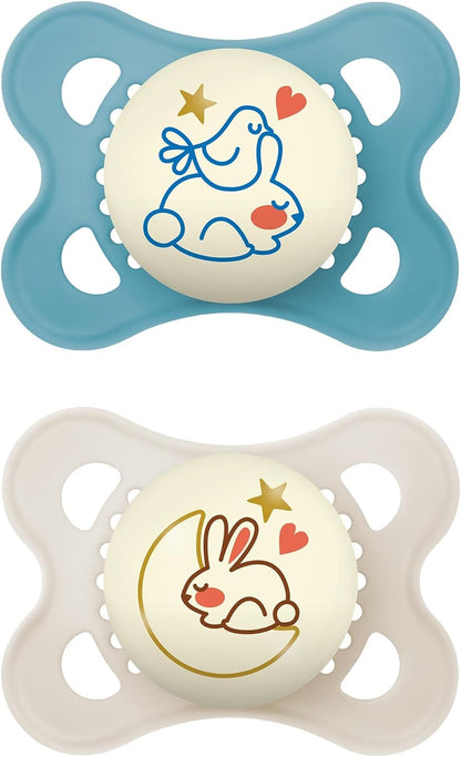 MAM Original Soothers | 0-6 Months | 2 Pack | Comes in Dummy Steriliser Case | Sustainable Materials | Baby Accessories for Newborn | Blue/Cream (Various Designs)