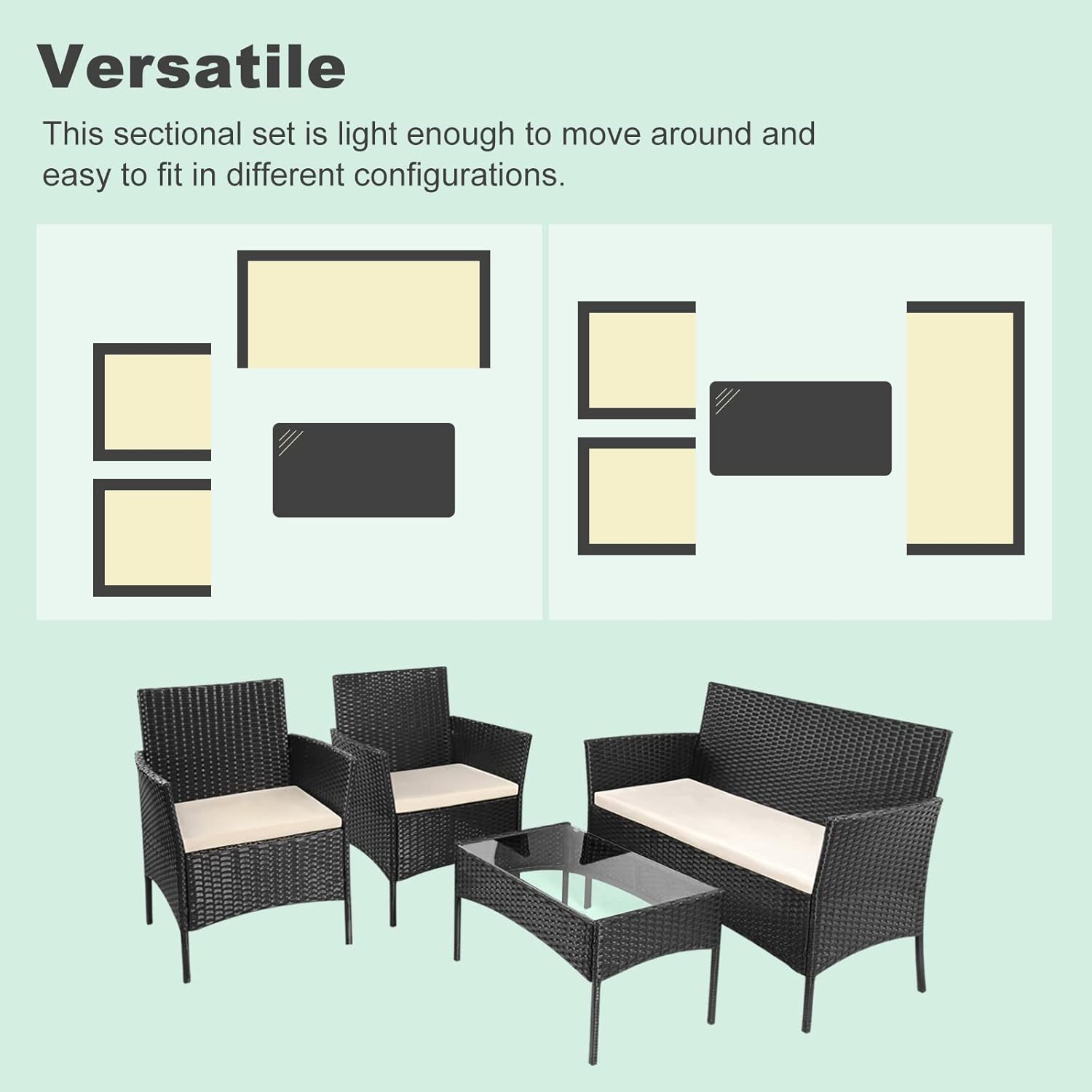 bigzzia Rattan Garden Furniture Set, 4 piece Patio Rattan furniture sofa Weaving Wicker includes 2 Armchairs,1 Double seat Sofa and 1 table (Black)