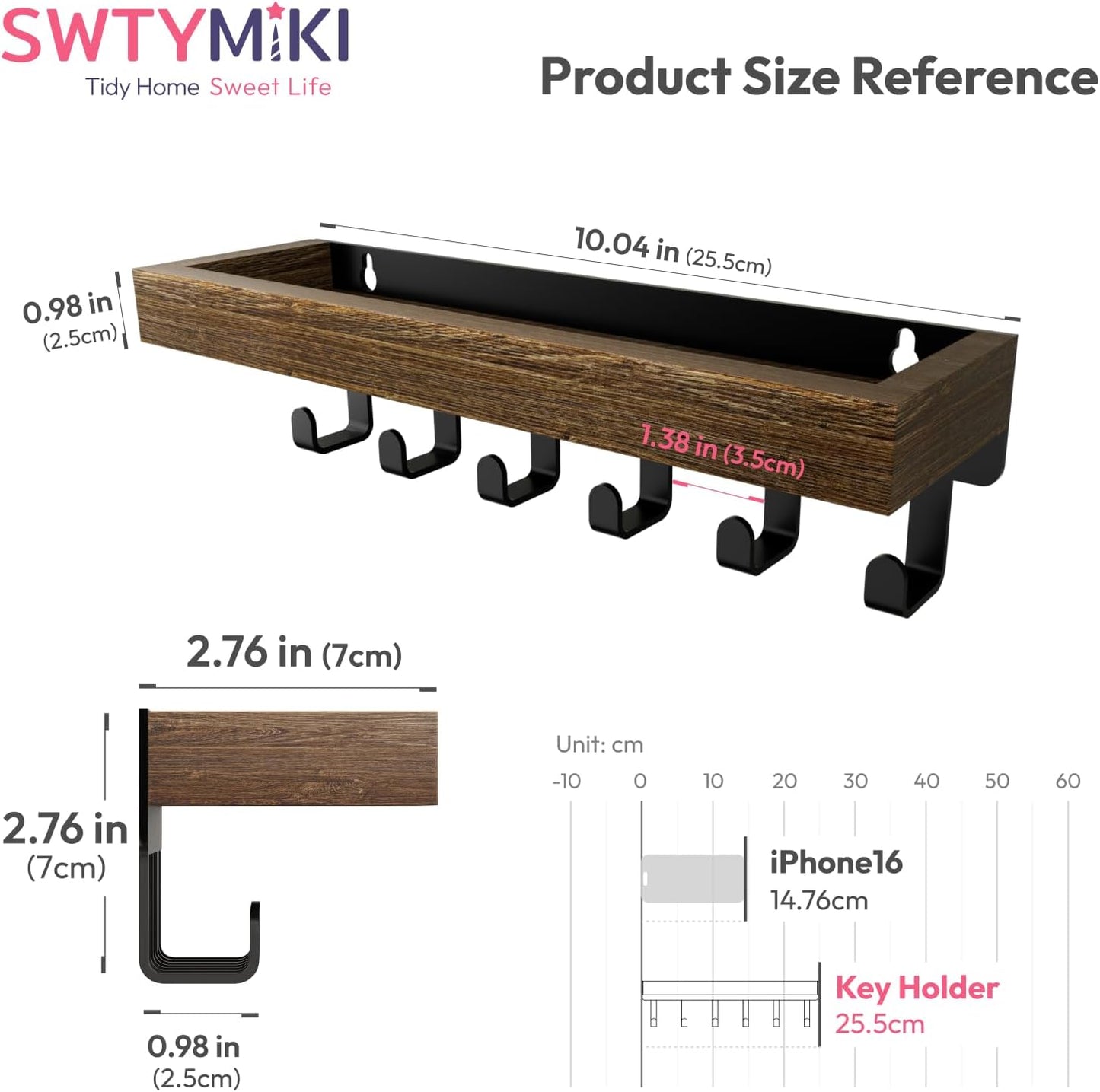 SWTYMIKI Key Holder with Wood Tray and 6 Hooks, Wall Mounted Key Racks, Key Hangers Home Decor Key Rack Mail Organizer for Hallway, Entryway, Bedroom, Mudroom, Office