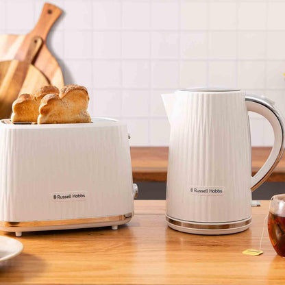 Russell Hobbs Electric Kettle (Hot Water, Tea or Coffee, 1.7L, Push to open lid, Perfect pour spout, Removable washable filter, Illuminated switch, Chrome accents, White, 3000W) Eden 27360