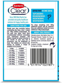 Bob Martin Clear 3-in-1 Wormer for Dogs (4 Tablets) - For Small, Medium and Large Dogs up to 40kg, Clinically Proven Treatment