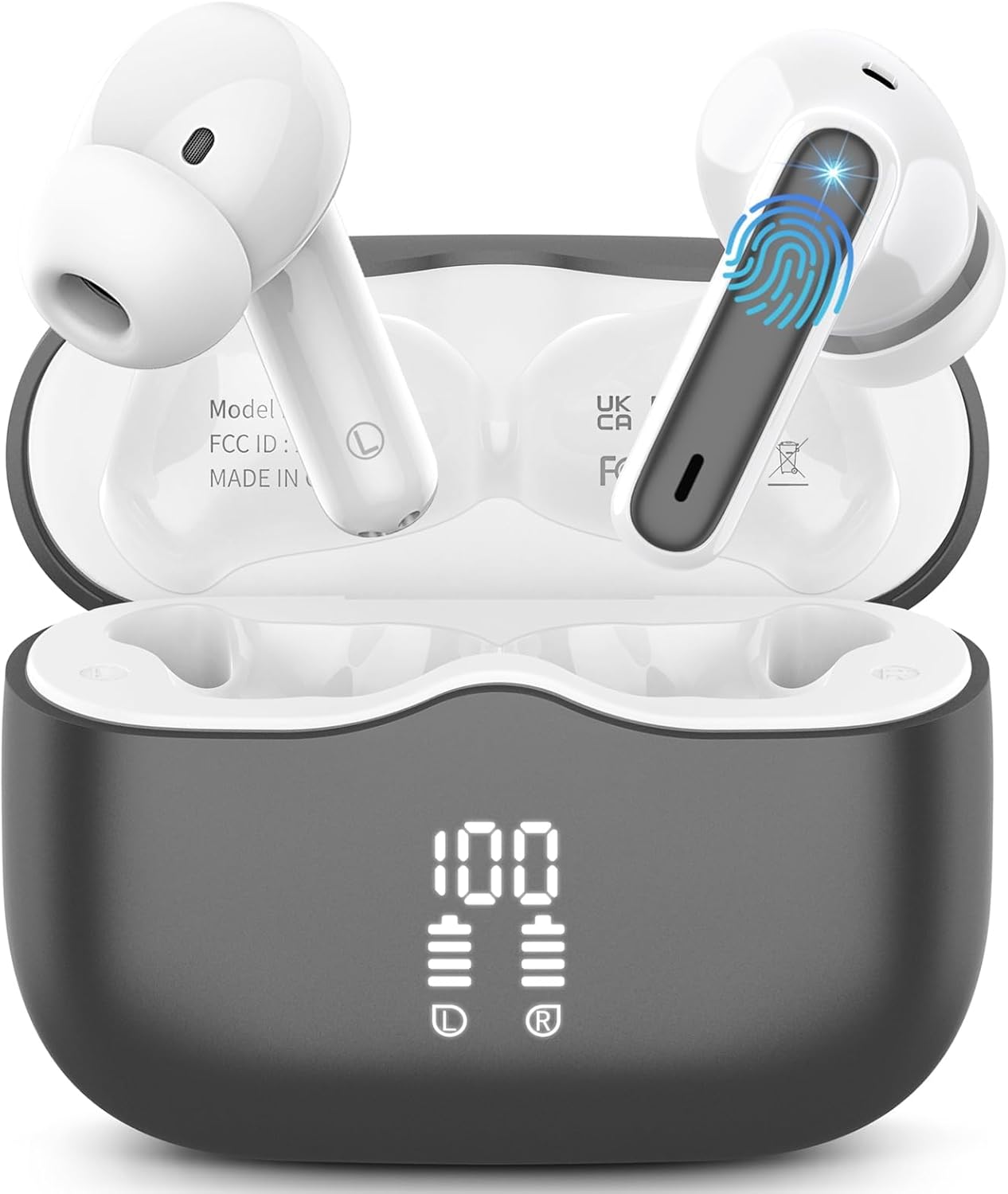 Wireless Earbuds, Bluetooth 5.3 Headphones in Ear with HiFi Stereo Deep Bass, 4 ENC Noise Cancelling Mic Wireless Earphones 40H Playtime, Bluetooth Earbuds Dual LED Display, IP7 Waterproof, Grey
