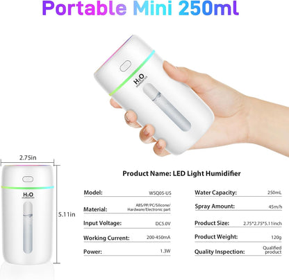 KISSLEAF Mini Room Humidifier 250ml for Bedroom, Children's Room, Plants, 15 H Lonue Duration 28 dB Silent Baby Air Humidifier
