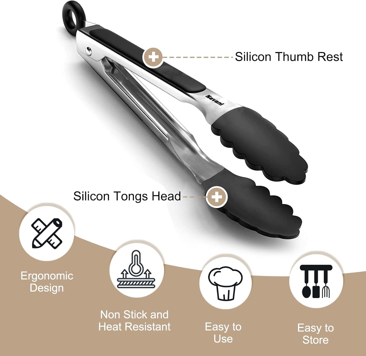 Navani Kitchen Tongs | 9 & 12 Inch Silicone Tip Tongs | Non Stick for Air Fryer & Salad/Pasta, Black 2pcs