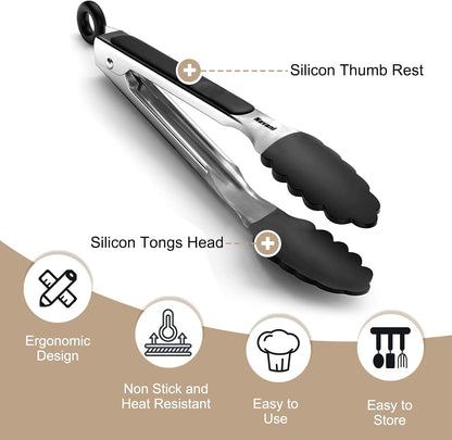 Navani Kitchen Tongs | 9 & 12 Inch Silicone Tip Tongs | Non Stick for Air Fryer & Salad/Pasta, Black 2pcs