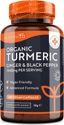 Organic Turmeric 1440mg (High Strength) with Black Pepper & Ginger - 180 Vegan Turmeric Capsules (3 Month Supply) – Organic Termeric with Active Ingredient Curcumin - Made in The UK by Nutravita