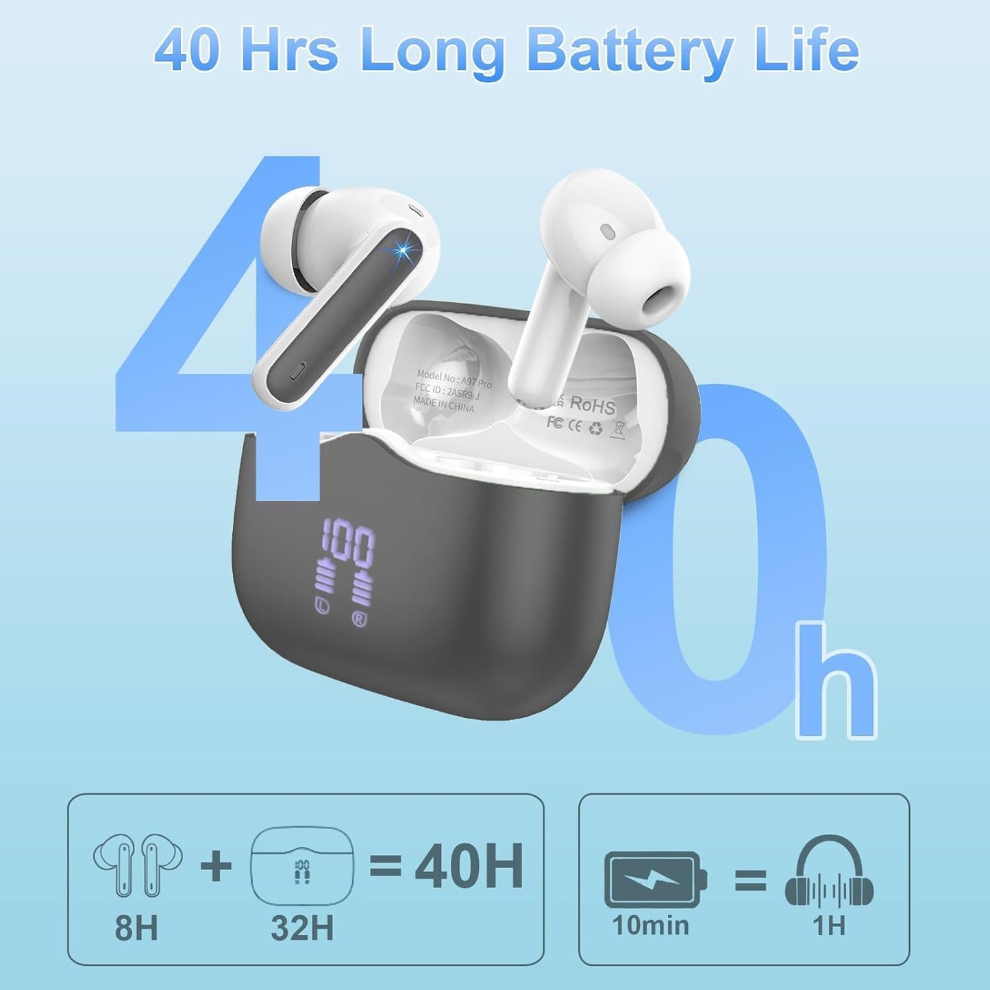 Wireless Earbuds, Bluetooth 5.3 Headphones in Ear with HiFi Stereo Deep Bass, 4 ENC Noise Cancelling Mic Wireless Earphones 40H Playtime, Bluetooth Earbuds Dual LED Display, IP7 Waterproof, Grey