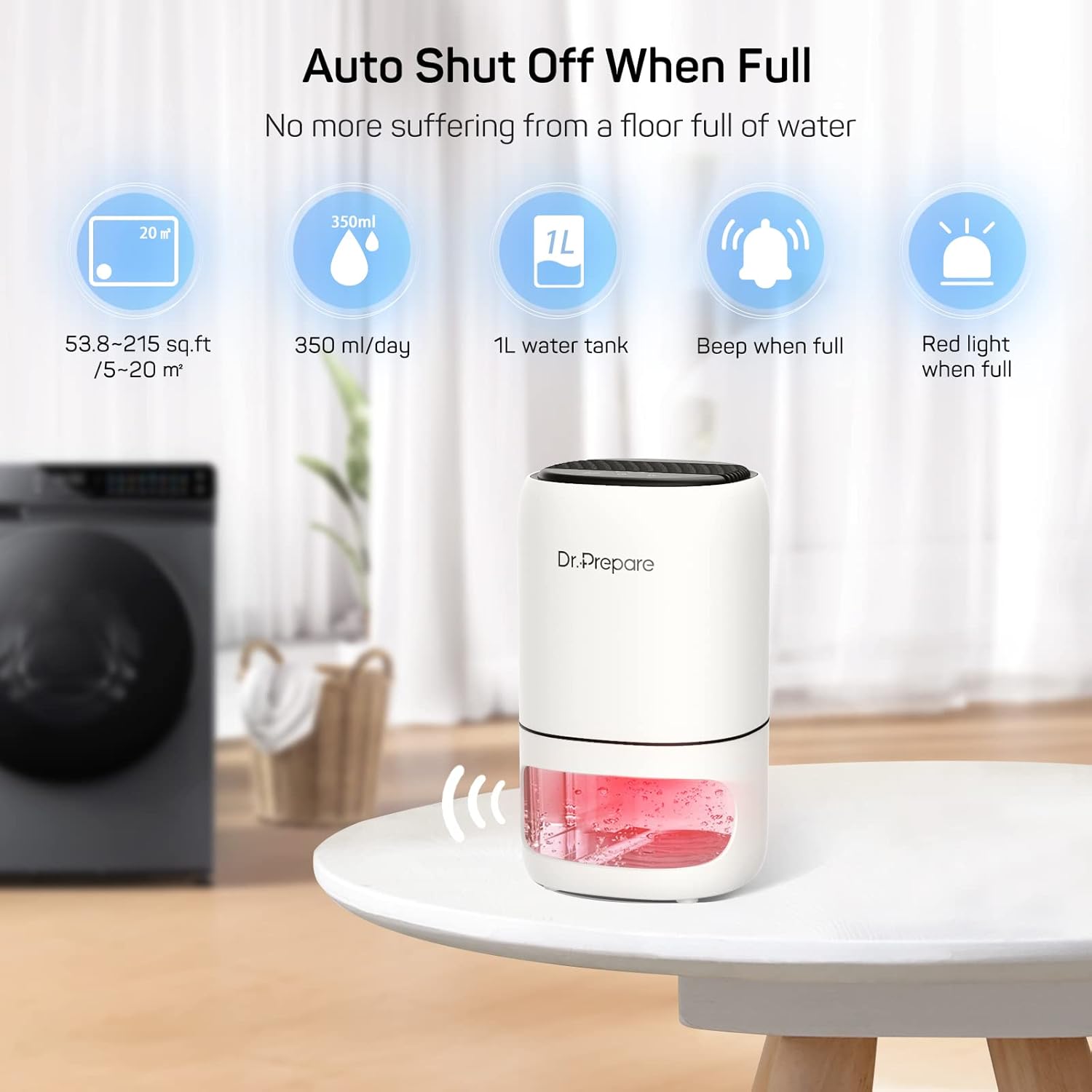 Dr.Prepare 2-in-1 1,000ml Electric Dehumidifier and Air Purifier with Washable G4 Filter, Small Air Dehumidifier with Auto Off & Timer Function for Damp, Mould in Home, Kitchen, Bedroom, RV, Garage