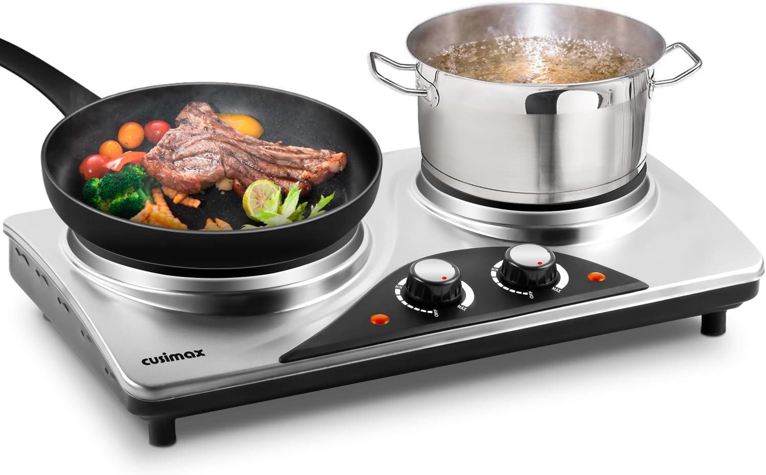 Double Hot Plate, CUSIMAX Electric Hot Plate for Cooking Portable Electric Hob, Cooktop Table Top Hob with 2 Cast Iron Rings Double Burner with Dual Temperature Control Stainless Steel