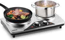 Double Hot Plate, CUSIMAX Electric Hot Plate for Cooking Portable Electric Hob, Cooktop Table Top Hob with 2 Cast Iron Rings Double Burner with Dual Temperature Control Stainless Steel