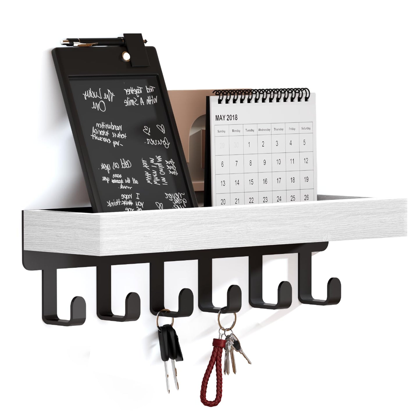 SWTYMIKI Key Holder with Wood Tray and 6 Hooks, Wall Mounted Key Racks, Key Hangers Home Decor Key Rack Mail Organizer for Hallway, Entryway, Bedroom, Mudroom, Office