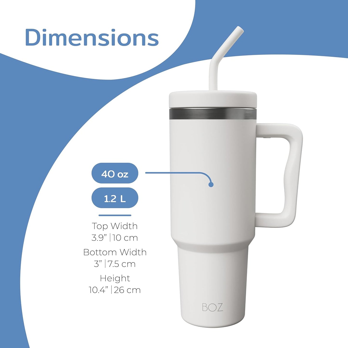 BOZ 40 oz Tumbler with Handle and Straw Lid - Cupholder-Friendly, Insulated Stainless Steel Water Bottle, Reusable Travel Mug, Ideal for Hot & Cold Beverages (White)
