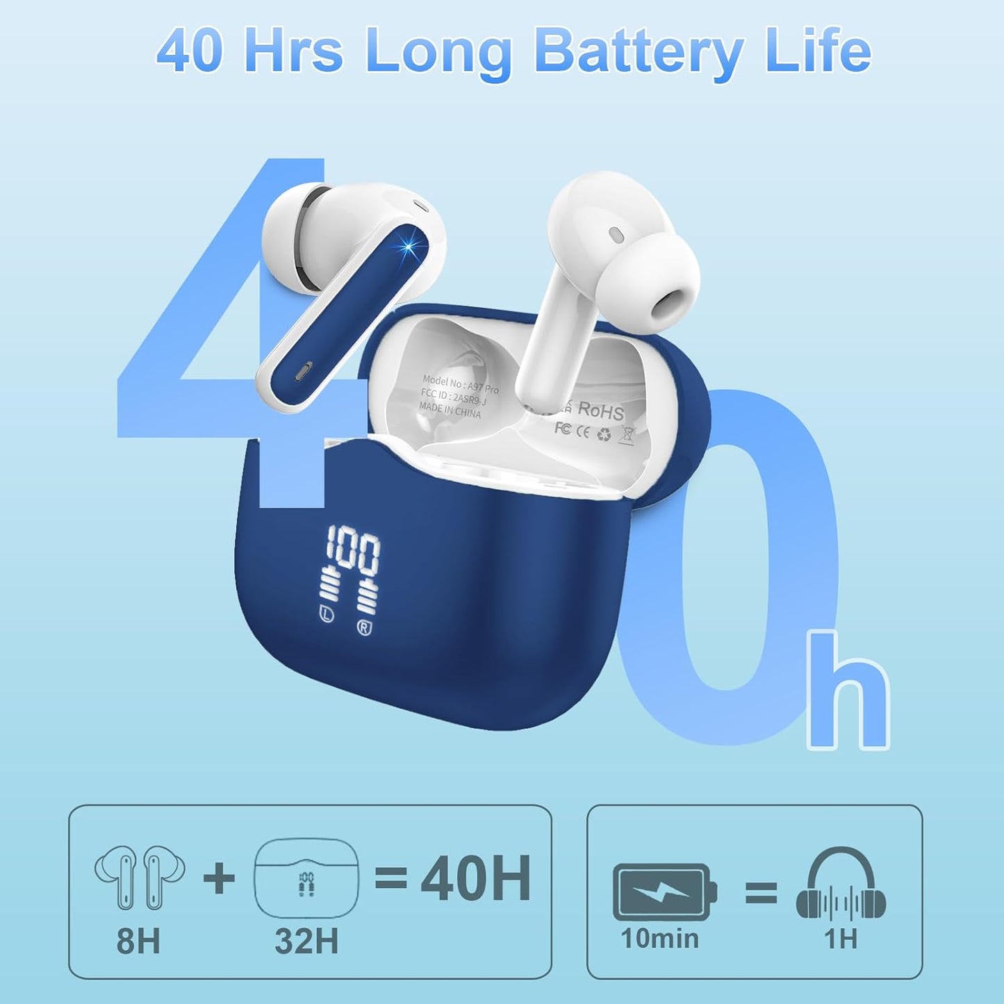 Wireless Earbuds, Bluetooth 5.3 Headphones in Ear with HiFi Stereo Deep Bass, 4 ENC Noise Cancelling Mic Wireless Earphones 40H Playtime, Bluetooth Earbuds Dual LED Display, IP7 Waterproof, Blue
