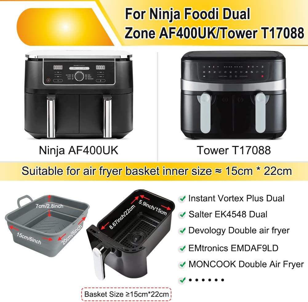 BYKITCHEN 2PCS Air Fryer Silicone Liner for Tower T17088 9L/Ninja Dual, Folding Large Air Fryer Basket Pot, Air Fryer Accessories for Ninja AF400UK/AF451UK 9.5L/Salter/Instant Vortex Plus Air Fryer