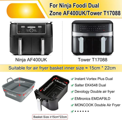 BYKITCHEN 2PCS Air Fryer Silicone Liner for Tower T17088 9L/Ninja Dual, Folding Large Air Fryer Basket Pot, Air Fryer Accessories for Ninja AF400UK/AF451UK 9.5L/Salter/Instant Vortex Plus Air Fryer
