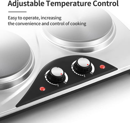 Double Hot Plate, CUSIMAX Electric Hot Plate for Cooking Portable Electric Hob, Cooktop Table Top Hob with 2 Cast Iron Rings Double Burner with Dual Temperature Control Stainless Steel
