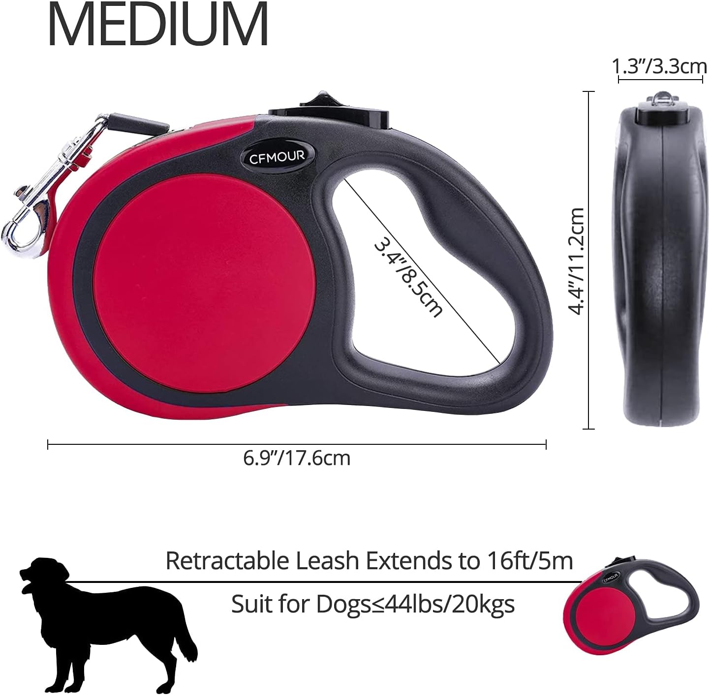 CFMOUR Retractable Dog Lead, 5m/20kg Red Heavy-Duty Extendable Dog Leads for Small to Medium Dogs; Strong Nylon Tape Ribbon Leash, One-Button Brake&Lock, Bonus Training Clicker