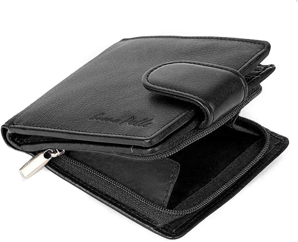 Wallets Mens Slim RFID Blocking Genuine Leather with Zip Coin Pocket, Banknote Compartments, Card Holders Pouch ID Window. Wallet for Men with Gift Box (Jet Black)