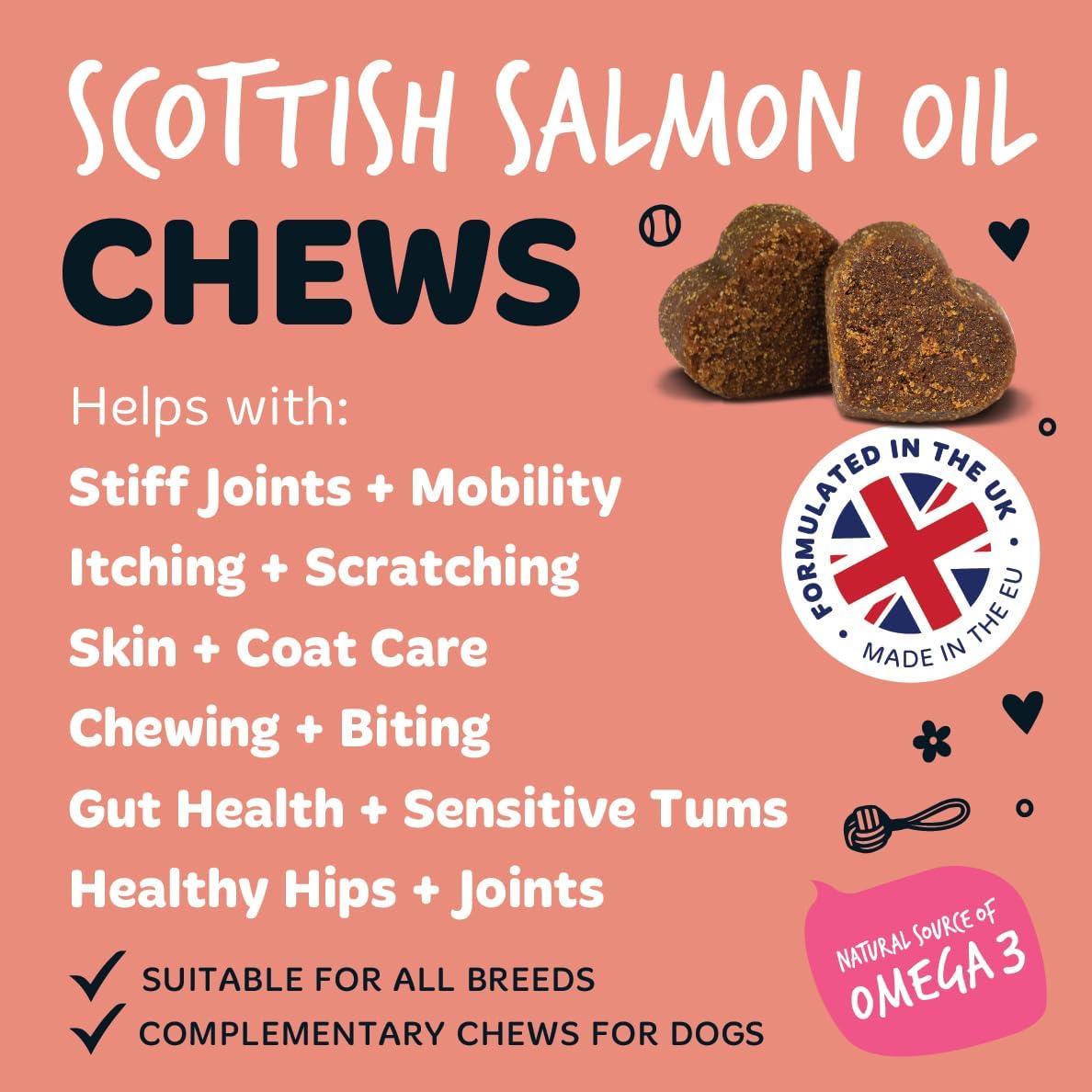 Bugalugs Scottish Salmon Oil Chews For Dogs, Dog Supplement Supports Skin And Coat, Dog Itchy Skin & A Moulting, Omega 3 Fish Oil (120 Chews, Salmon)