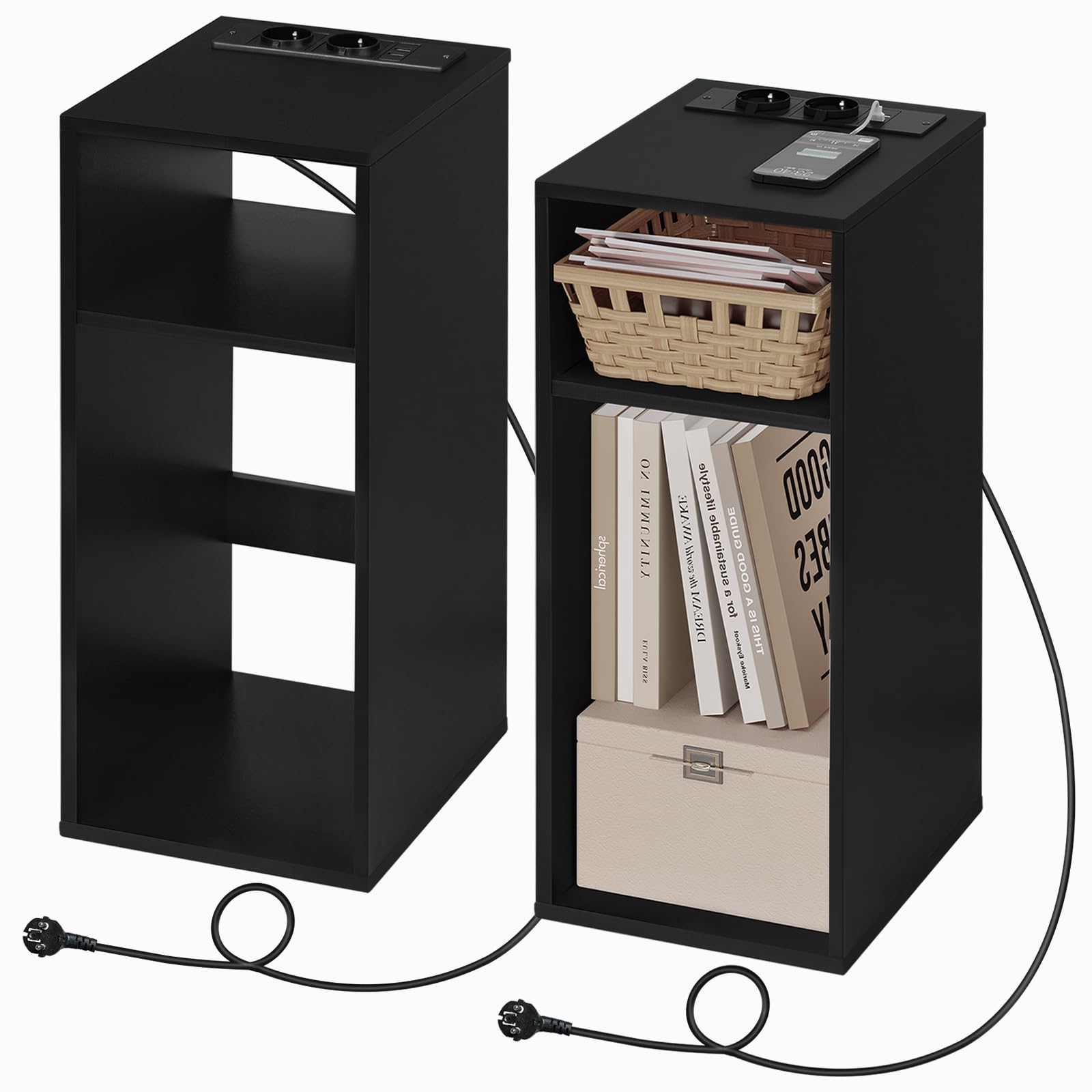 WOLTU Bedside Table, Nightstand with Charging Station with 2 Sockets and 2 USB Ports, Light Woodlook Side Table with 2 Open Compartments, Narrow Table for Living Room and Bedroom, 25x30x60cm, NTS06hei
