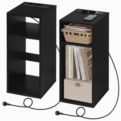 WOLTU Bedside Table, Nightstand with Charging Station with 2 Sockets and 2 USB Ports, Light Woodlook Side Table with 2 Open Compartments, Narrow Table for Living Room and Bedroom, 25x30x60cm, NTS06hei