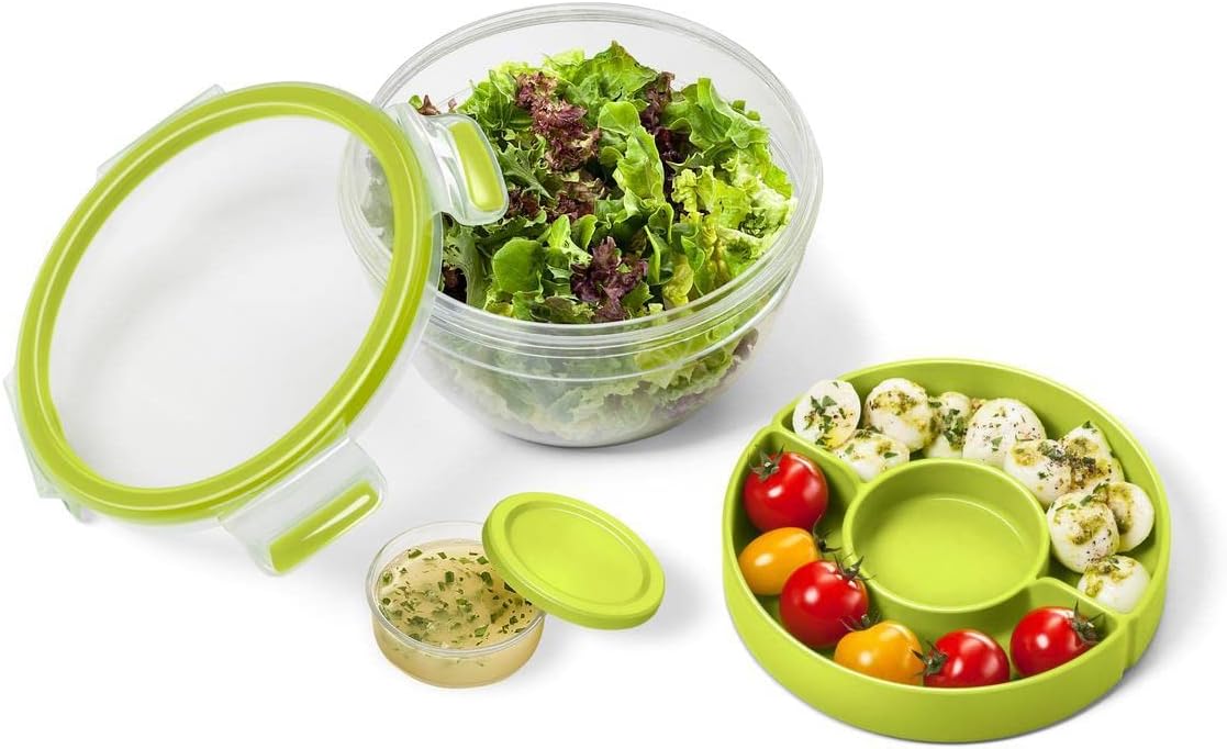 Tefal Master Seal To Go Salad Bowl, Round Food Storage, Clear, Green, 1 l