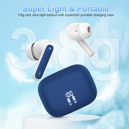 Wireless Earbuds, Bluetooth 5.3 Headphones in Ear with HiFi Stereo Deep Bass, 4 ENC Noise Cancelling Mic Wireless Earphones 40H Playtime, Bluetooth Earbuds Dual LED Display, IP7 Waterproof, Blue